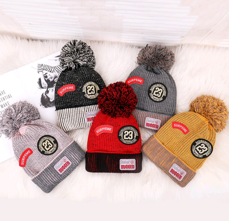 Winter New Ladies Plus Velvet Letter Labeling Wool Color Hair Ball Earmuffs Curling Knit