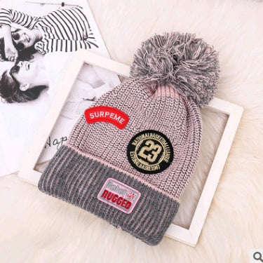 Winter New Ladies Plus Velvet Letter Labeling Wool Color Hair Ball Earmuffs Curling Knit