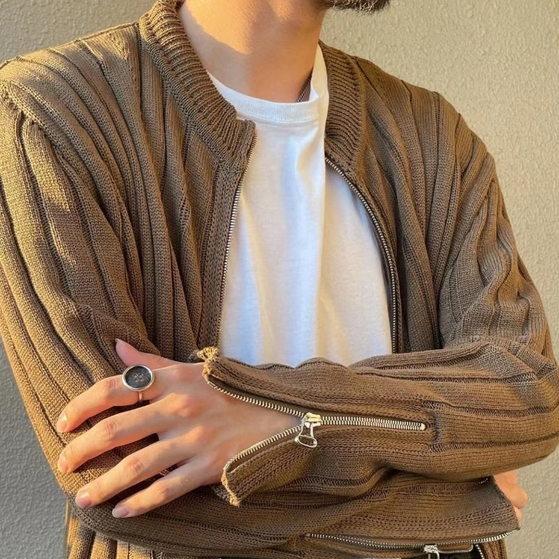 Braun gestreiften Reißverschluss gestrickten Pullover Cardigan Baggy Mantel Männer