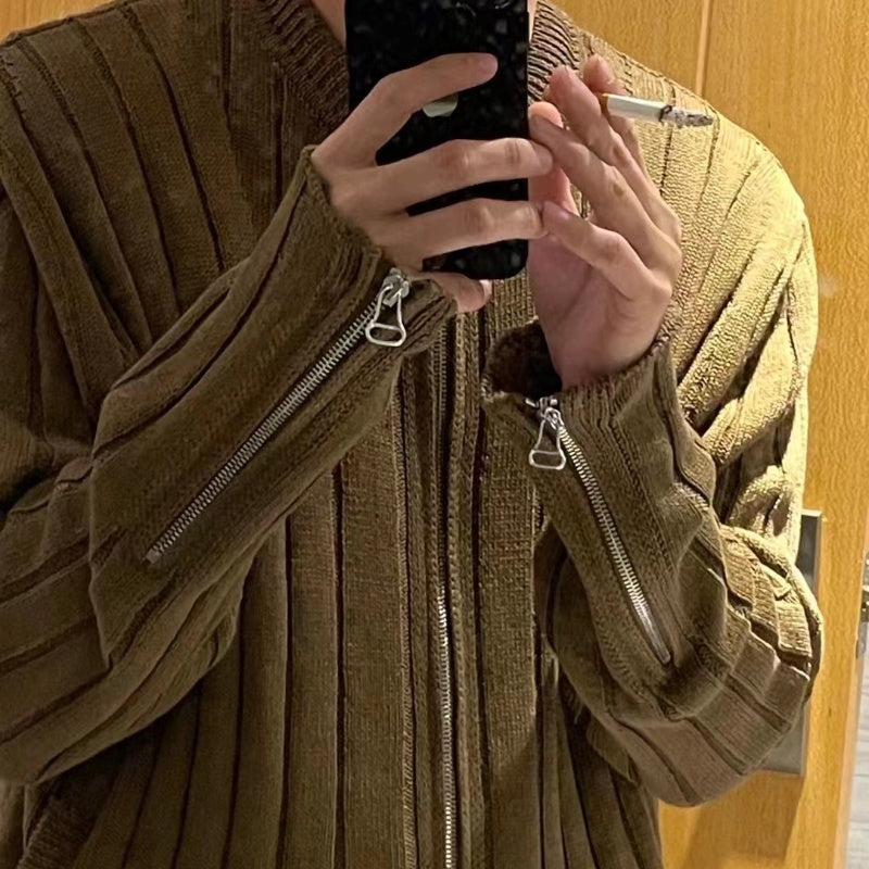 Braun gestreiften Reißverschluss gestrickten Pullover Cardigan Baggy Mantel Männer
