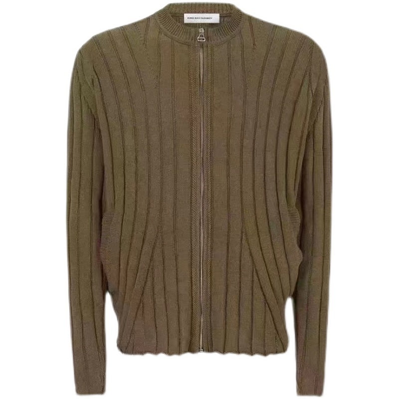 Braun gestreiften Reißverschluss gestrickten Pullover Cardigan Baggy Mantel Männer