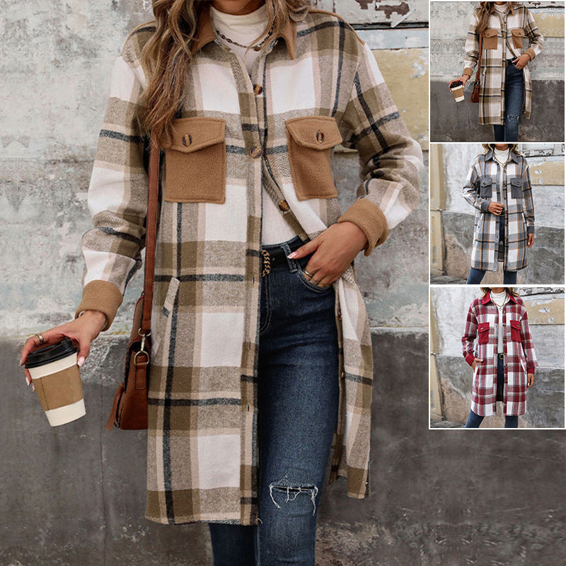Neuer gebürsteter karierter langer Mantel mit Taschen, modische Winterjacke, Oberbekleidung für Damen