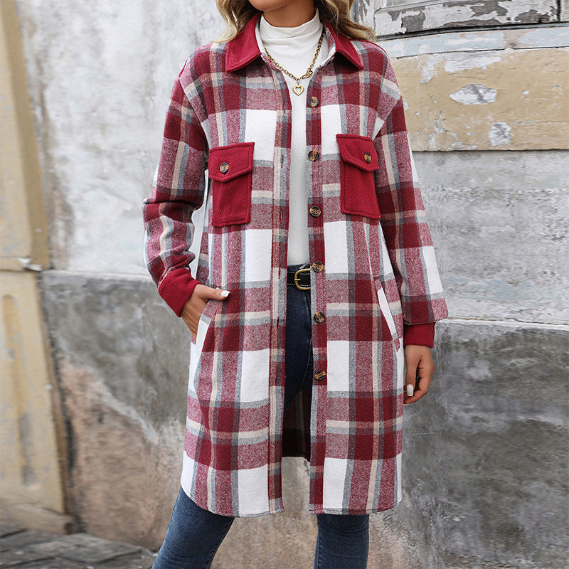 Neuer gebürsteter karierter langer Mantel mit Taschen, modische Winterjacke, Oberbekleidung für Damen