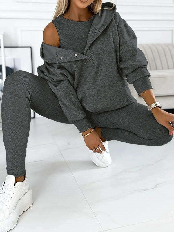 Athleisure-Kapuzenpullover mit eng anliegender Weste und Hose aus dickem Faden, dreiteiliges Set