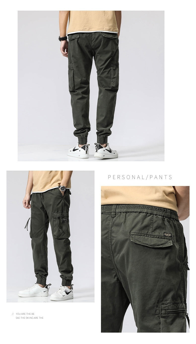 Freizeithose Trendy Brand Elastische Taille Herren Jugend Einfache Reine Baumwolle Multi-Pocket Arbeitshose Hose Knöchelgebunden