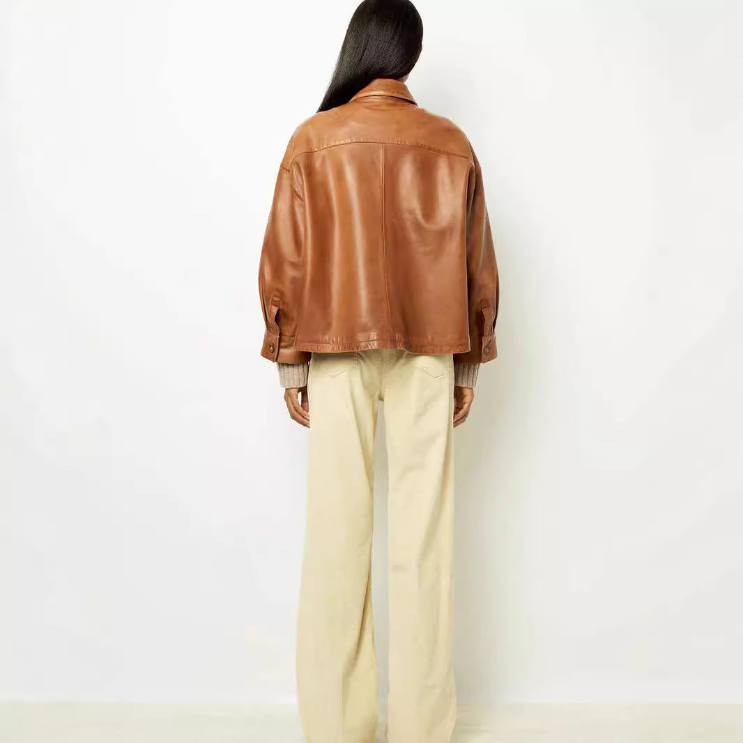 Eleganter brauner Profil-PU-Ledermantel für Damen
