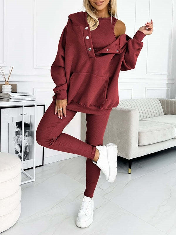 Athleisure-Kapuzenpullover mit eng anliegender Weste und Hose aus dickem Faden, dreiteiliges Set