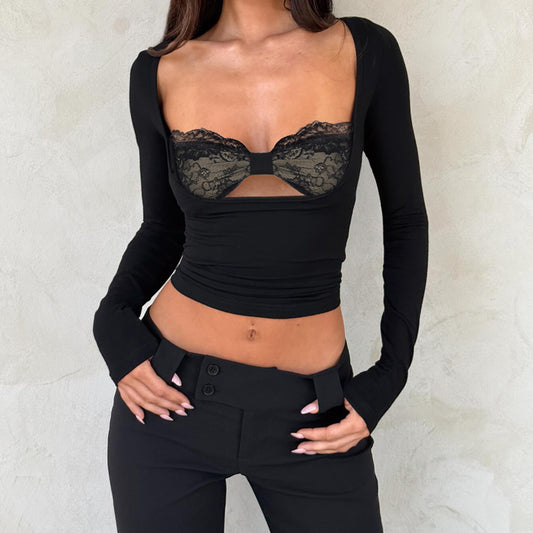Lace-Panel Fake Two-Piece Hollow-out Long-Sleeve Top For Women