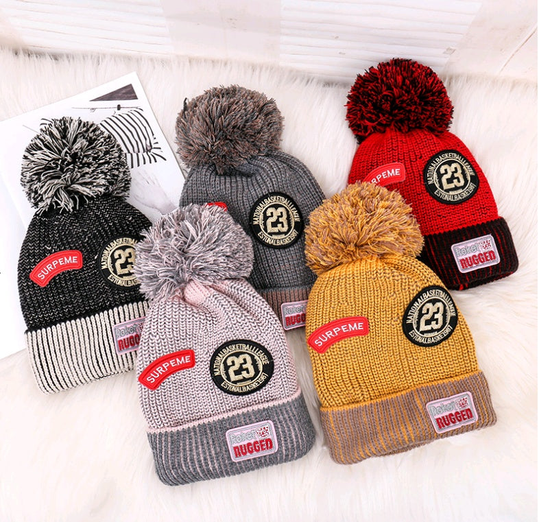 Winter New Ladies Plus Velvet Letter Labeling Wool Color Hair Ball Earmuffs Curling Knit