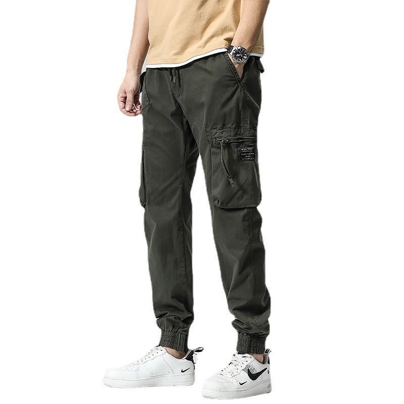Freizeithose Trendy Brand Elastische Taille Herren Jugend Einfache Reine Baumwolle Multi-Pocket Arbeitshose Hose Knöchelgebunden