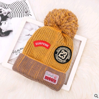 Winter New Ladies Plus Velvet Letter Labeling Wool Color Hair Ball Earmuffs Curling Knit