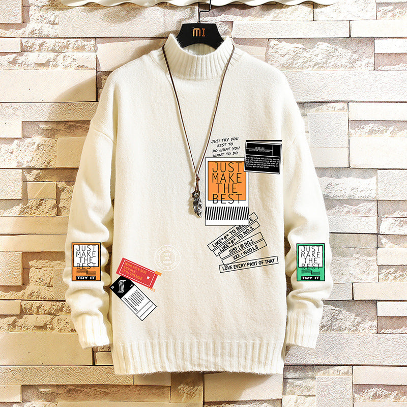 Lockerer, dicker, weißer Winterpullover für Herren mit Rundhalsausschnitt