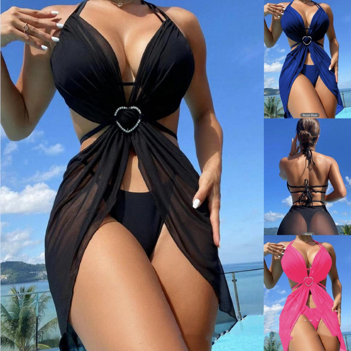 3 stücke Neckholder Bikini Strand Sommer Einfarbig Split Badeanzug Damenbekleidung