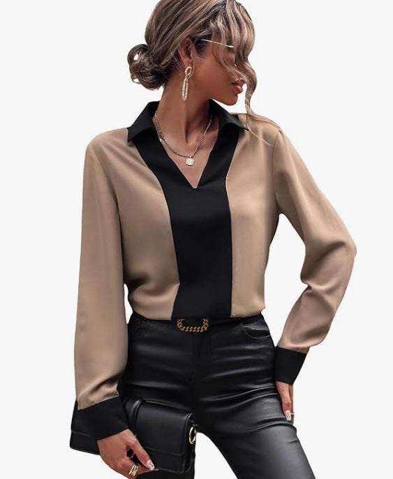 Damen V-Ausschnitt Mode Casual Top Langarmshirt