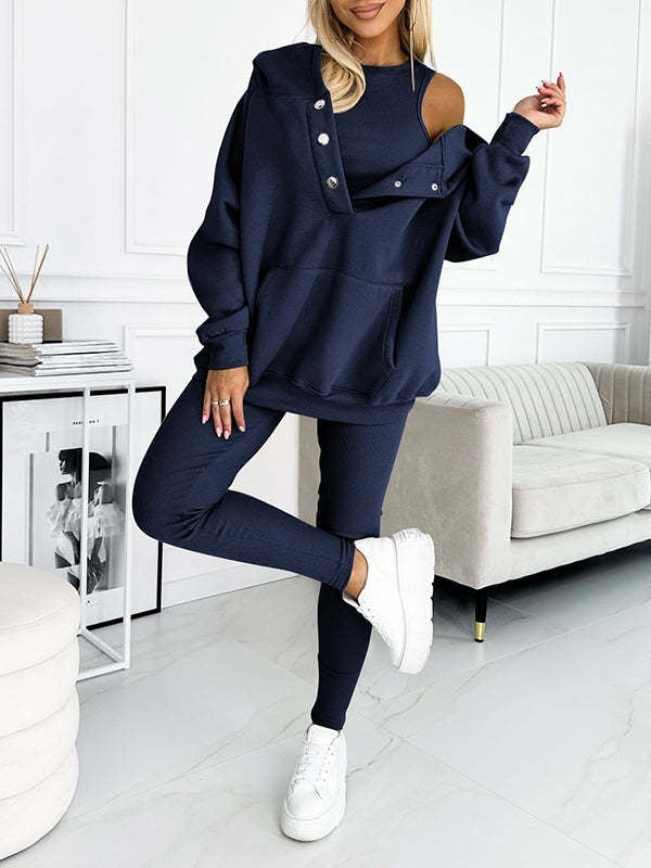 Athleisure-Kapuzenpullover mit eng anliegender Weste und Hose aus dickem Faden, dreiteiliges Set