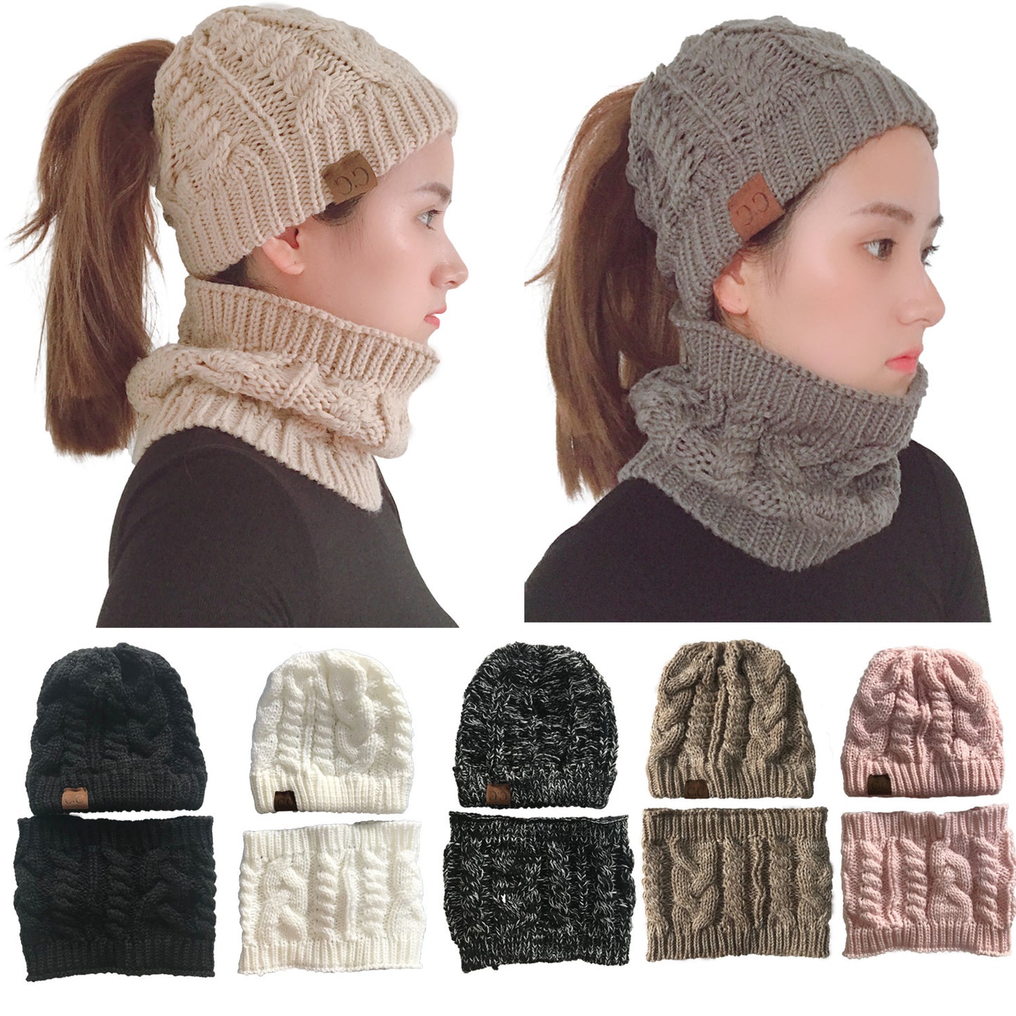 Herbst-Winter-Damenmütze, Strickmütze, warmer Ringschal, winddicht, Sturmhaube, multifunktional, CC-Pferdeschwanz-Mütze, Schal-Set für Damen 