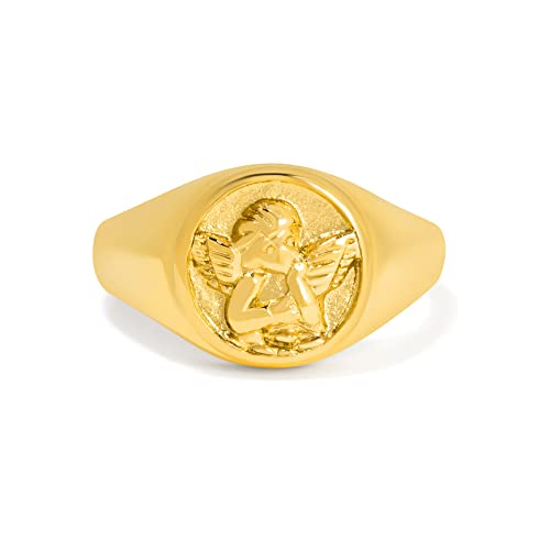 BENIQUE Goldfarbener, klobiger Siegelring, stapelbar, für den kleinen Finger, für Frauen und Männer, Schutzengel, Cherub, anlaufgeschützter, 18 Karat vergoldeter Edelstahl, Größe 3, 4, 5, 6, 7, 8, 9, 10, 11 (Gold, 3)