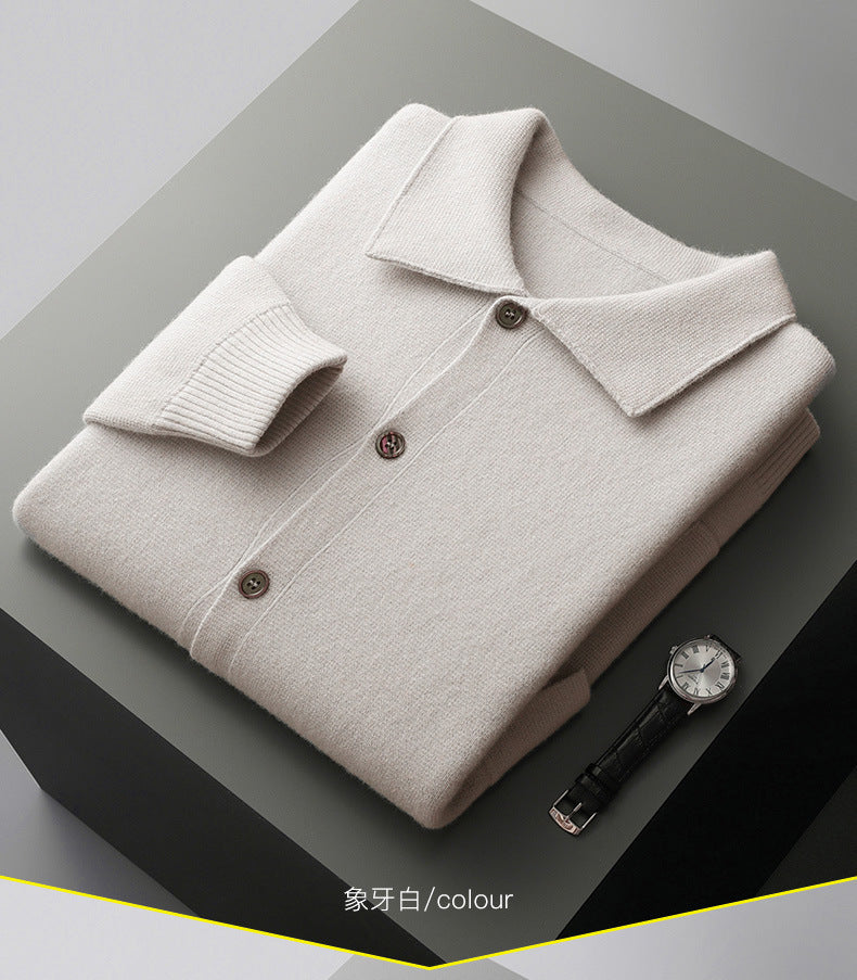 Men's Polo Collar Solid Color Wool Cardigan Autumn Winter Retro Pocket Thick Coat