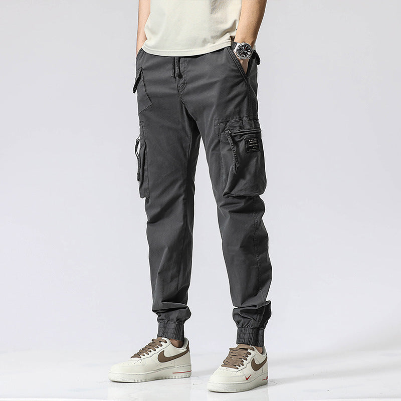 Freizeithose Trendy Brand Elastische Taille Herren Jugend Einfache Reine Baumwolle Multi-Pocket Arbeitshose Hose Knöchelgebunden