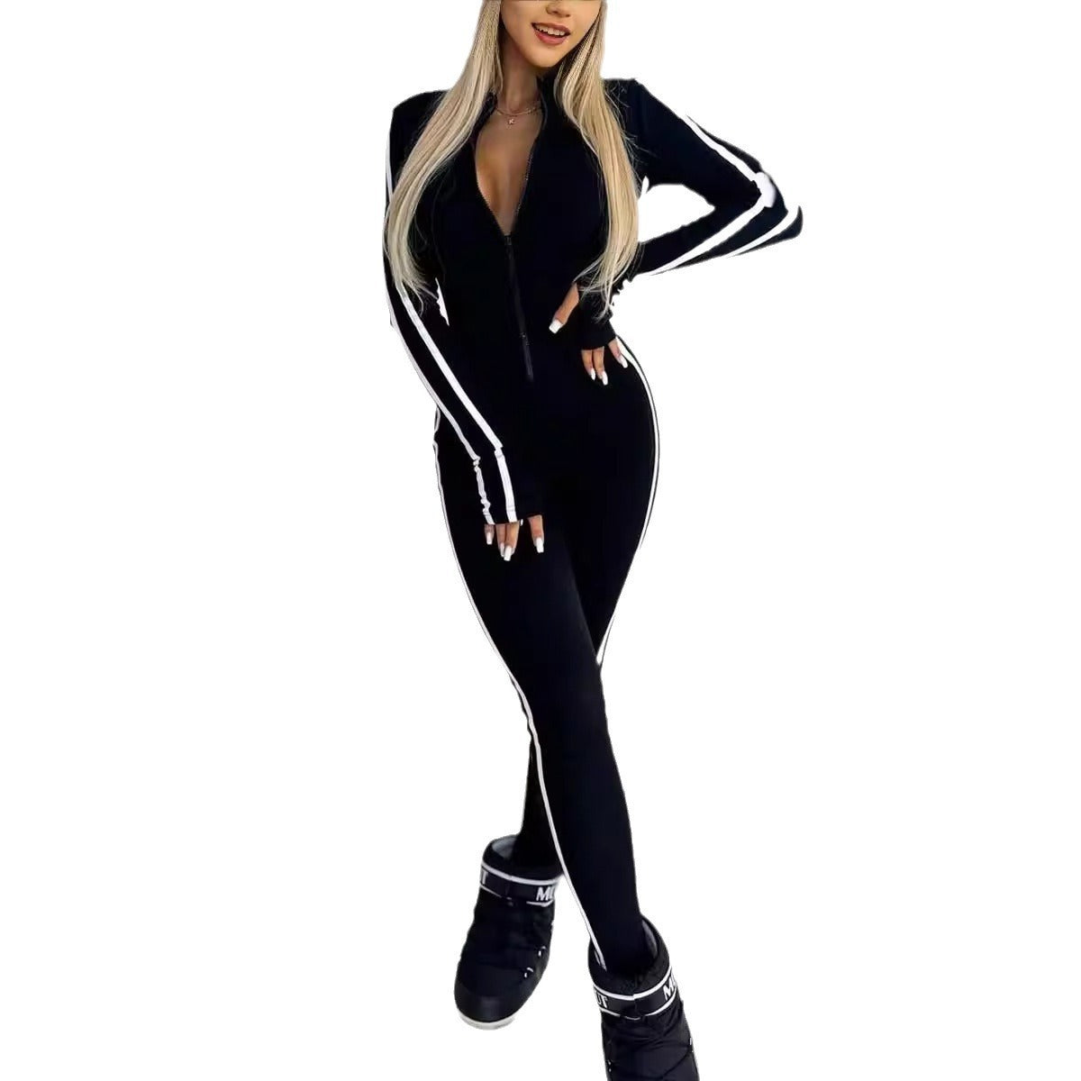 Schmaler gestreifter Jumpsuit mit halbem Reißverschluss für Damen im Herbst und Winter