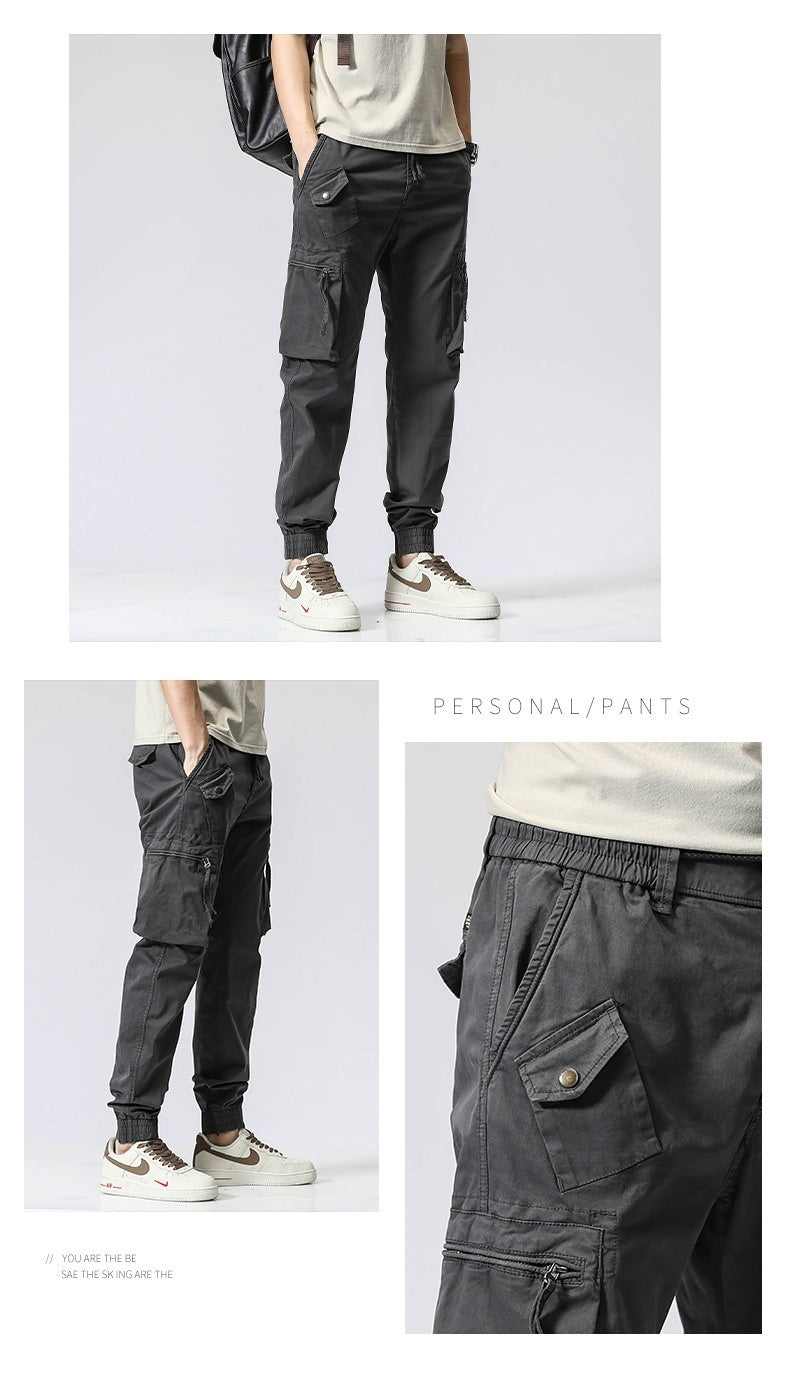 Freizeithose Trendy Brand Elastische Taille Herren Jugend Einfache Reine Baumwolle Multi-Pocket Arbeitshose Hose Knöchelgebunden