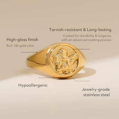BENIQUE Goldfarbener, klobiger Siegelring, stapelbar, für den kleinen Finger, für Frauen und Männer, Schutzengel, Cherub, anlaufgeschützter, 18 Karat vergoldeter Edelstahl, Größe 3, 4, 5, 6, 7, 8, 9, 10, 11 (Gold, 3)