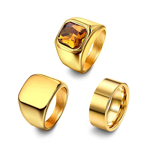 Dochais Herren-Ring-Set: 3-teilig, Bikerringe aus Edelstahl, Siegelring, Achatring – Größe 7–13, Gold, Vintage
