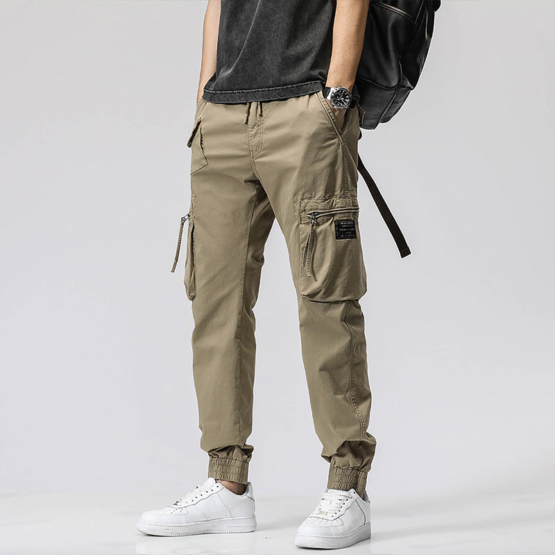 Freizeithose Trendy Brand Elastische Taille Herren Jugend Einfache Reine Baumwolle Multi-Pocket Arbeitshose Hose Knöchelgebunden