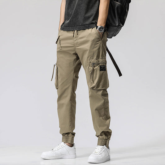 Freizeithose Trendy Brand Elastische Taille Herren Jugend Einfache Reine Baumwolle Multi-Pocket Arbeitshose Hose Knöchelgebunden