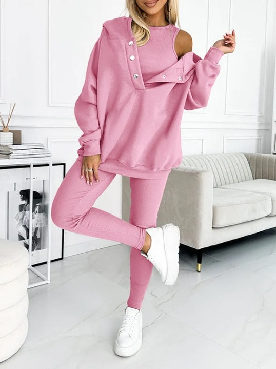 Athleisure-Kapuzenpullover mit eng anliegender Weste und Hose aus dickem Faden, dreiteiliges Set