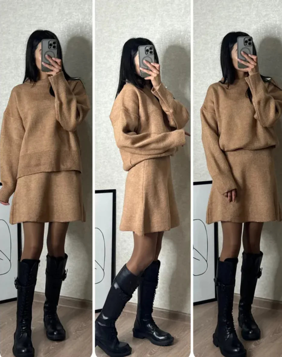 Lässiges, vielseitiges Strickrock-Outfit im College-Stil in reiner Farbe für Damen