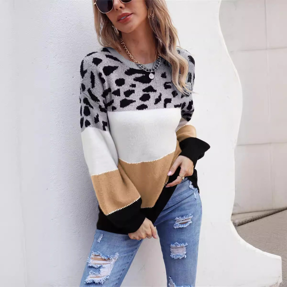 Pullover mit Rundhalsausschnitt und Leopardenmuster in Übergröße mit europäischen und amerikanischen Nähten