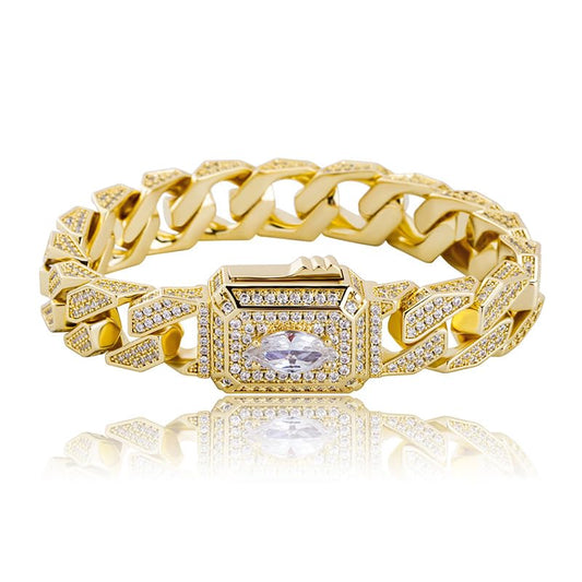 14K Gold Over 925 Silver Men's Bracelet, Marquise Cut Moissanite Miami Cuban Hand Chain, Luxe Gift for Special Days or Fashion-Conscious Males (Yellow Gold, 8 Inches)