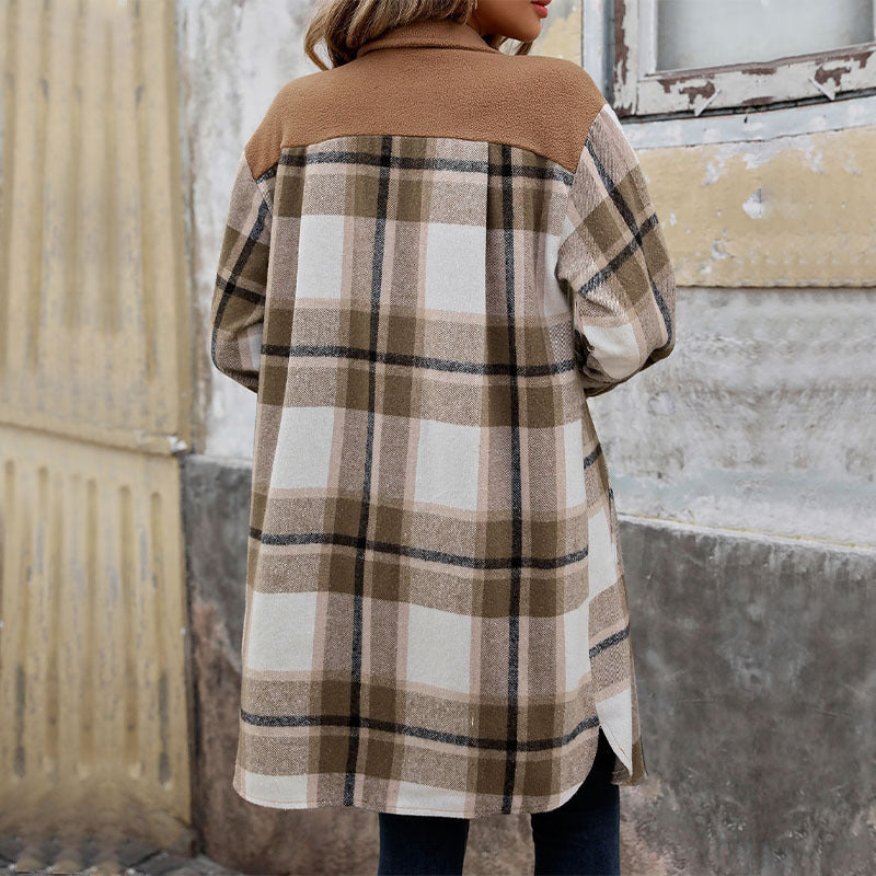 Neuer gebürsteter karierter langer Mantel mit Taschen, modische Winterjacke, Oberbekleidung für Damen