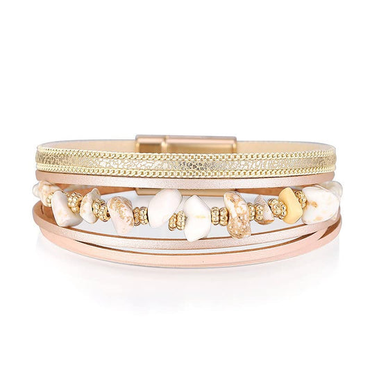 Yowablo Frauen-Leder-Manschetten-Set Mehrschichtiges Wickelarmband Unregelmäßiges Kies- Magnetverschluss- Armkettchen Silber 925 Damen