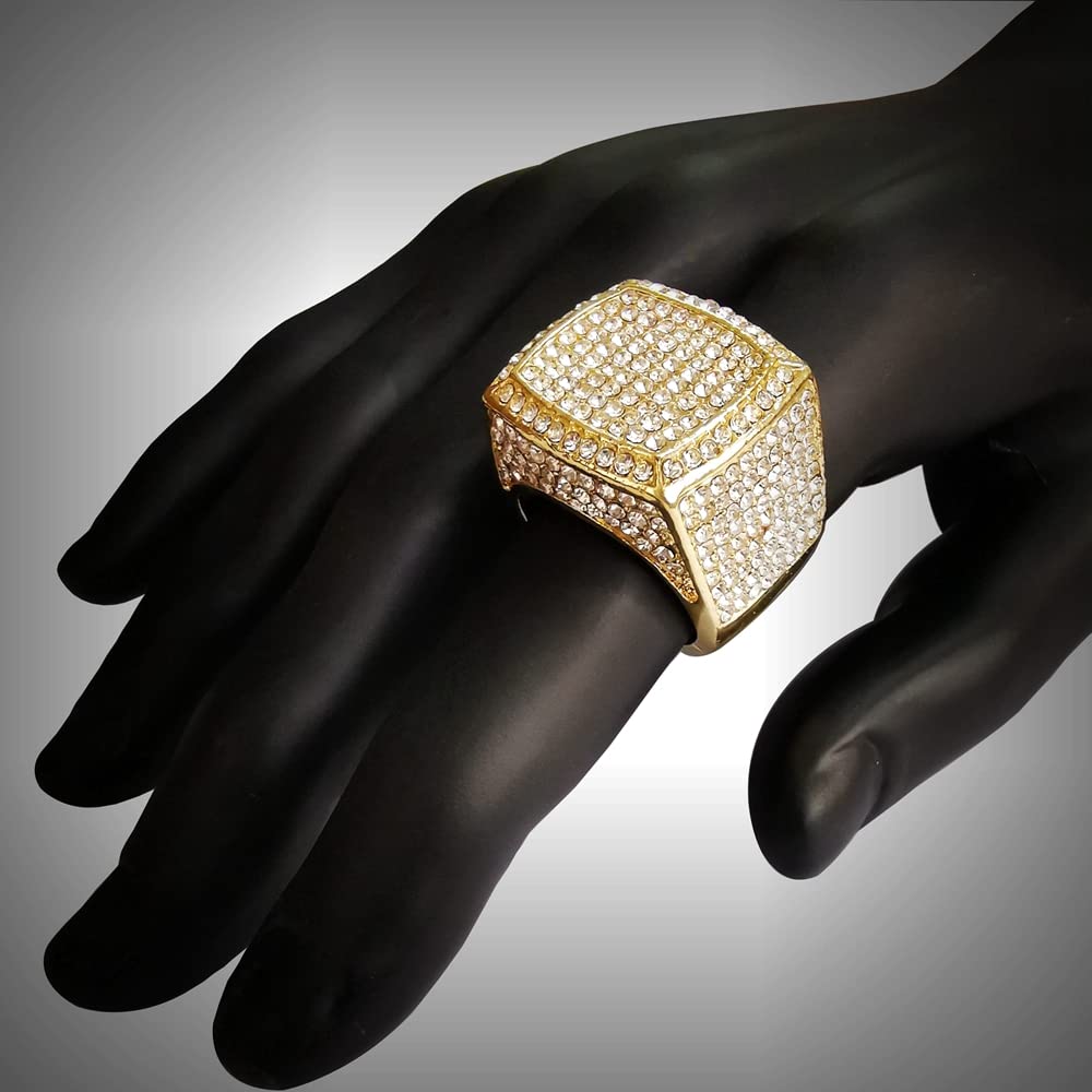 HH BLING EMPIRE Iced Out Silber-Goldringe für Männer, Bling Hip Hop Diamant Herrenringe, große quadratische Herrenringe Gold Größe #9