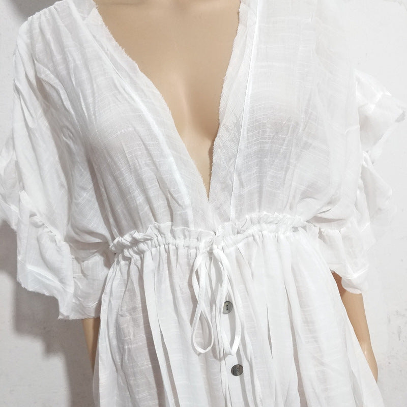 Einfarbiger Strandüberwurf, geflammter Stoff, Knopf-Taillengurt, langes Kleid, Sonnenschutzhemd