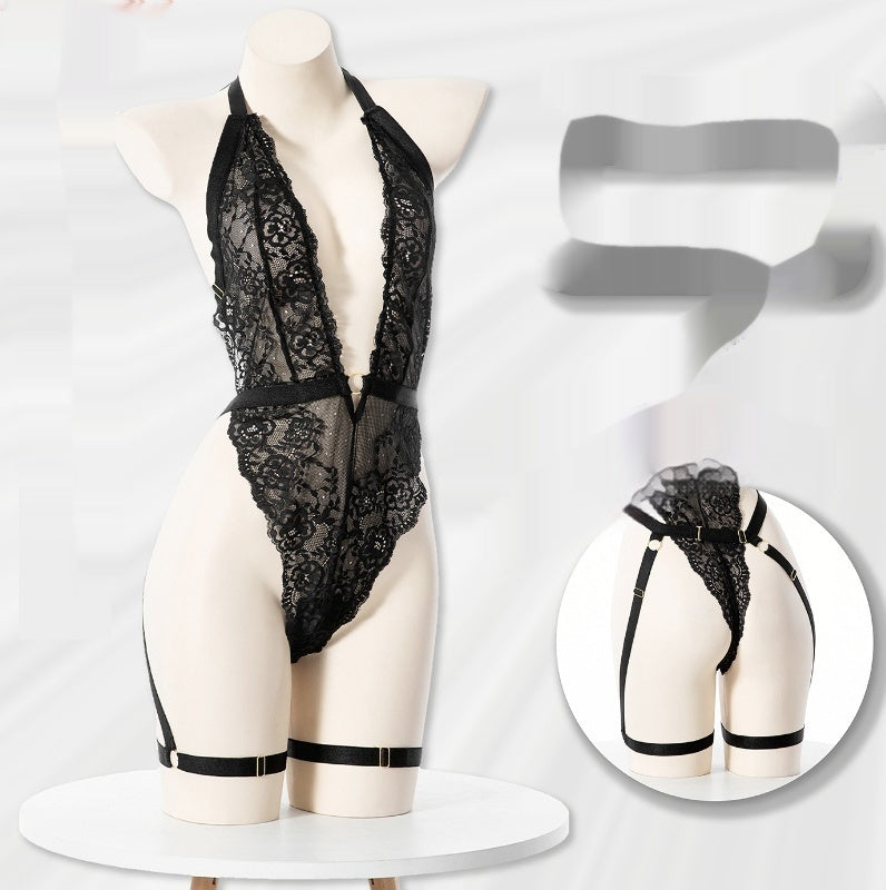 Sexy Pyjama aus Spitze mit Neckholder und Schnürung für Damen