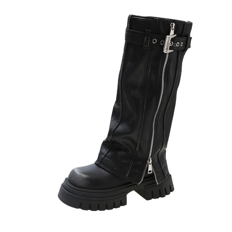 Heavy Industry Reißverschluss High-Top Rundkopf Dicke Sohle Unterhalb des Knies Stiefel Damenschuhe