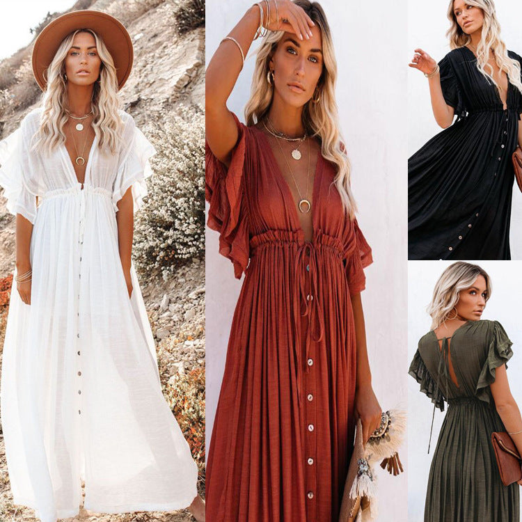 Einfarbiger Strandüberwurf, geflammter Stoff, Knopf-Taillengurt, langes Kleid, Sonnenschutzhemd