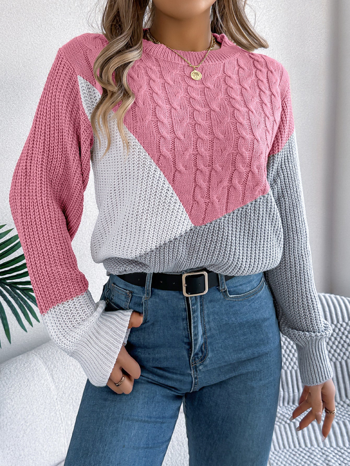 Pullover mit kontrastierender Farbe und langen Ärmeln für Damen