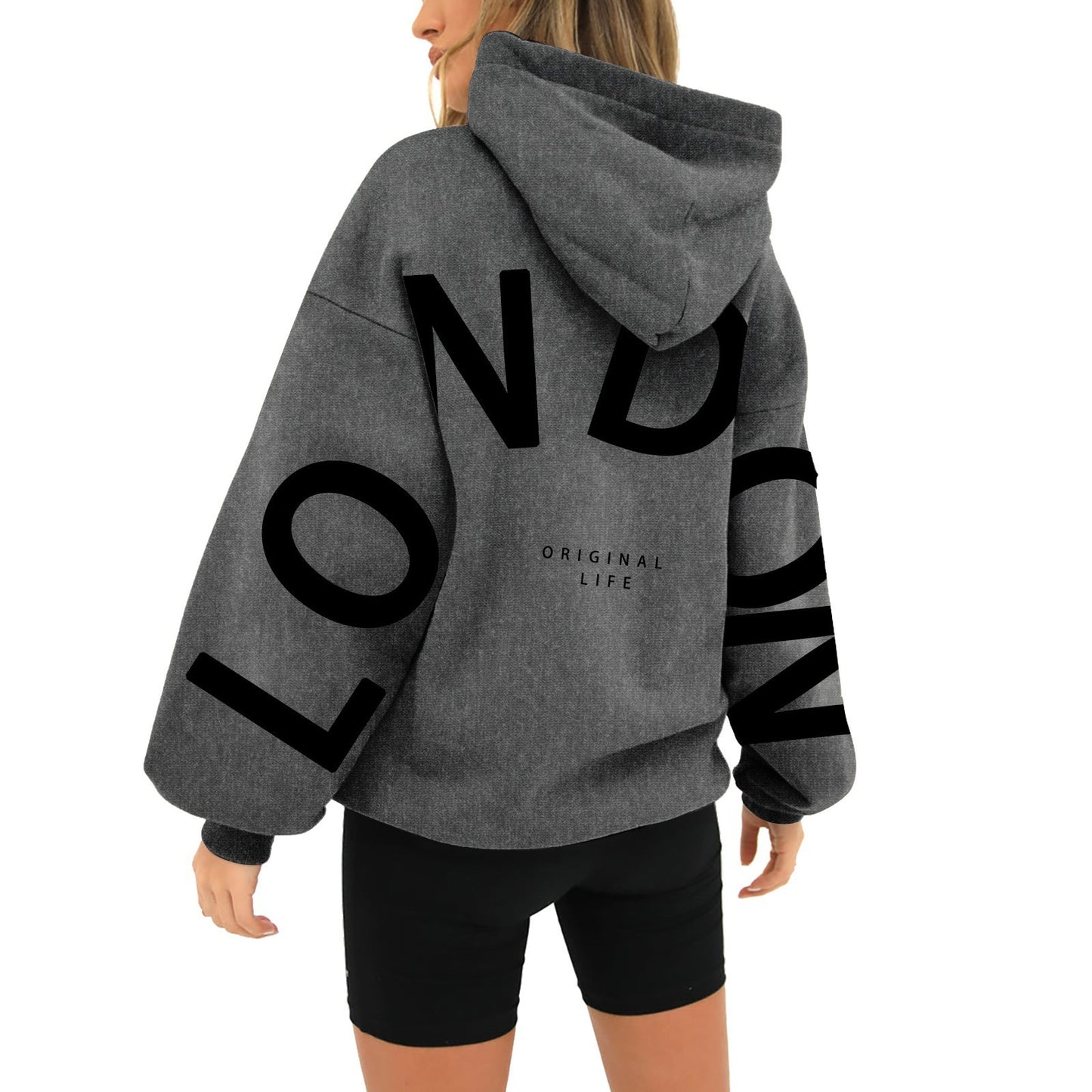 Bedruckter Kapuzenpullover mit langen Ärmeln und losen Taschen