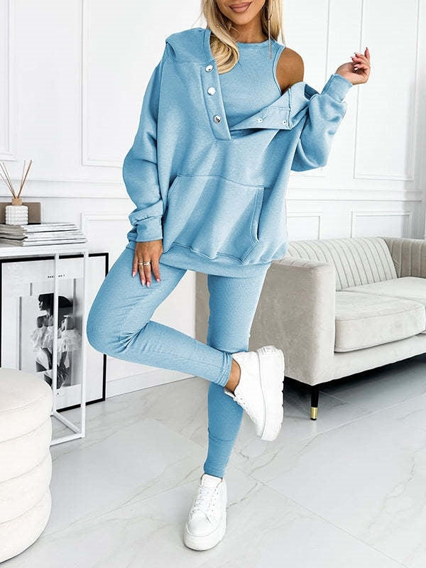 Athleisure-Kapuzenpullover mit eng anliegender Weste und Hose aus dickem Faden, dreiteiliges Set
