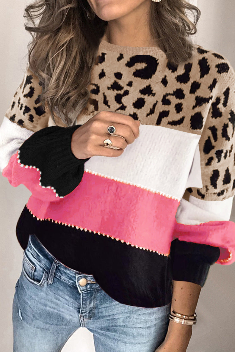 Pullover mit Rundhalsausschnitt und Leopardenmuster in Übergröße mit europäischen und amerikanischen Nähten