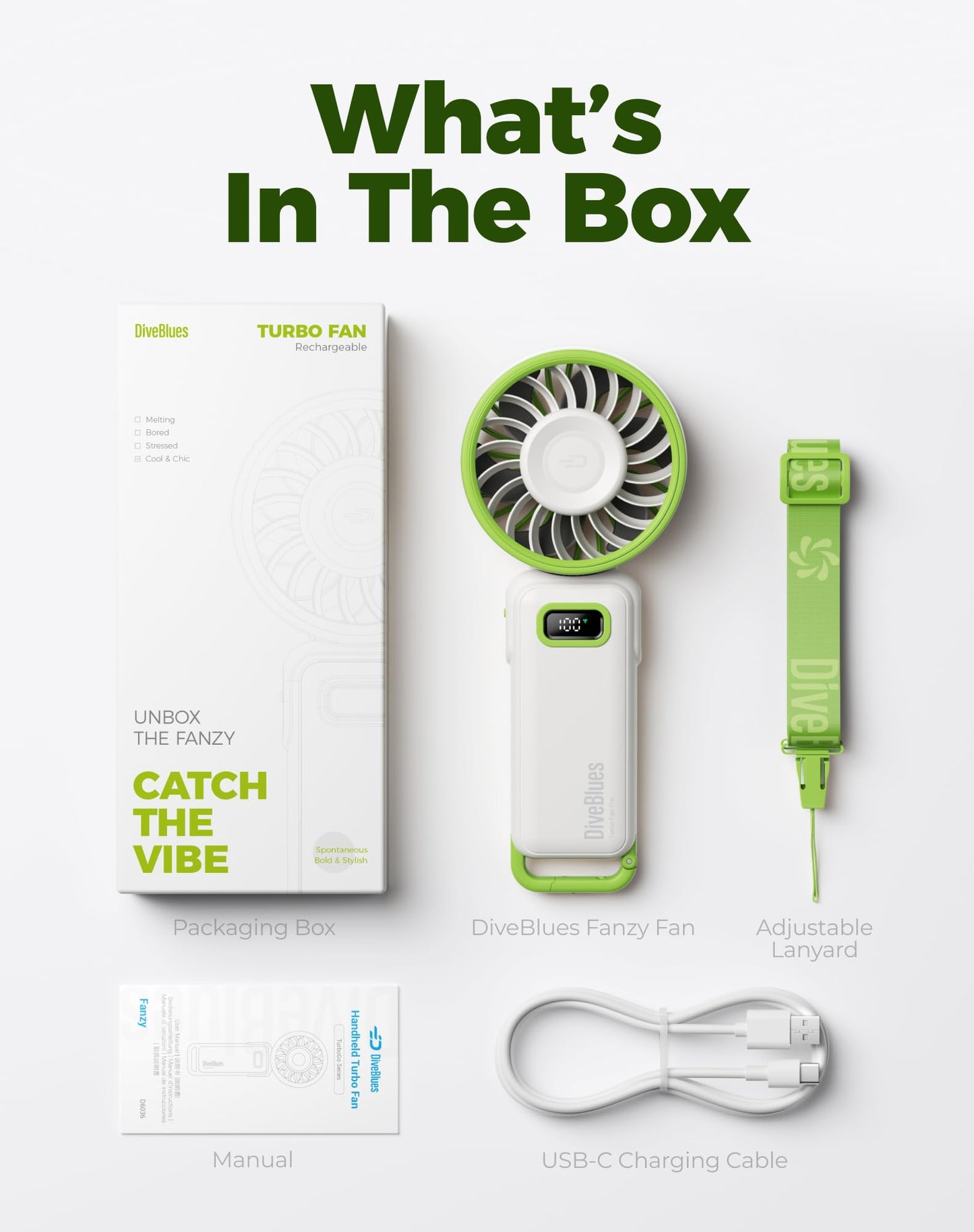 Diveblues Portable Handheld Fan D6036 Cream | 7.4m/s High Speed Turbo, 180° Foldable 4-in-1, Personal Neck Fan with Carabiner Clip, 100 Speed Stepless Control