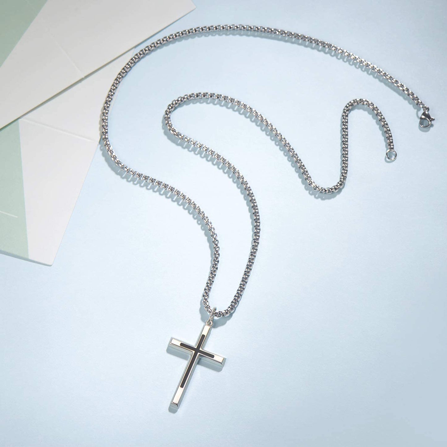 FANCIME Kreuz Halskette mit 925 Sterling Schwarz Kreuz Silber Anhänger, Edelstahl Kette Schmuck für Herren Jungs Kinder - Kettenlänge: 60 cm
