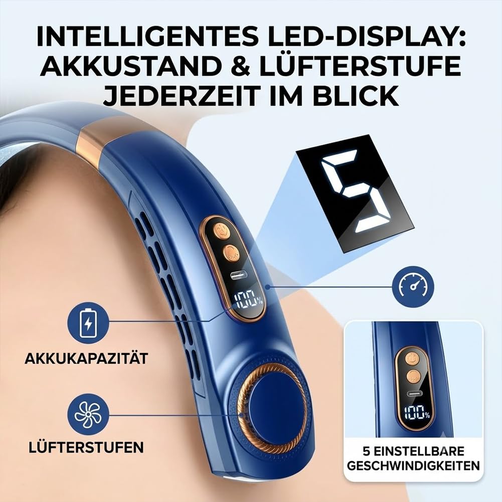 Nackenventilator, Nackenventilator mit Kühlung 5 Leise Geschwindigkeiten, Tragbarer Nackenventilator mit Display und LED-Licht in 7 Farben, Hals Ventilator für Sommer Küche, Unterwegs (Weiß)
