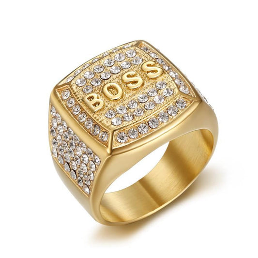 Fanshu Edelstahl Titan Luxus AAA Zirkon mit 18K vergoldet Iced Out Hip Hop Boss Ring für Männer Frauen Freund Geburtstagsparty Geschenk Modeschmuck (11)