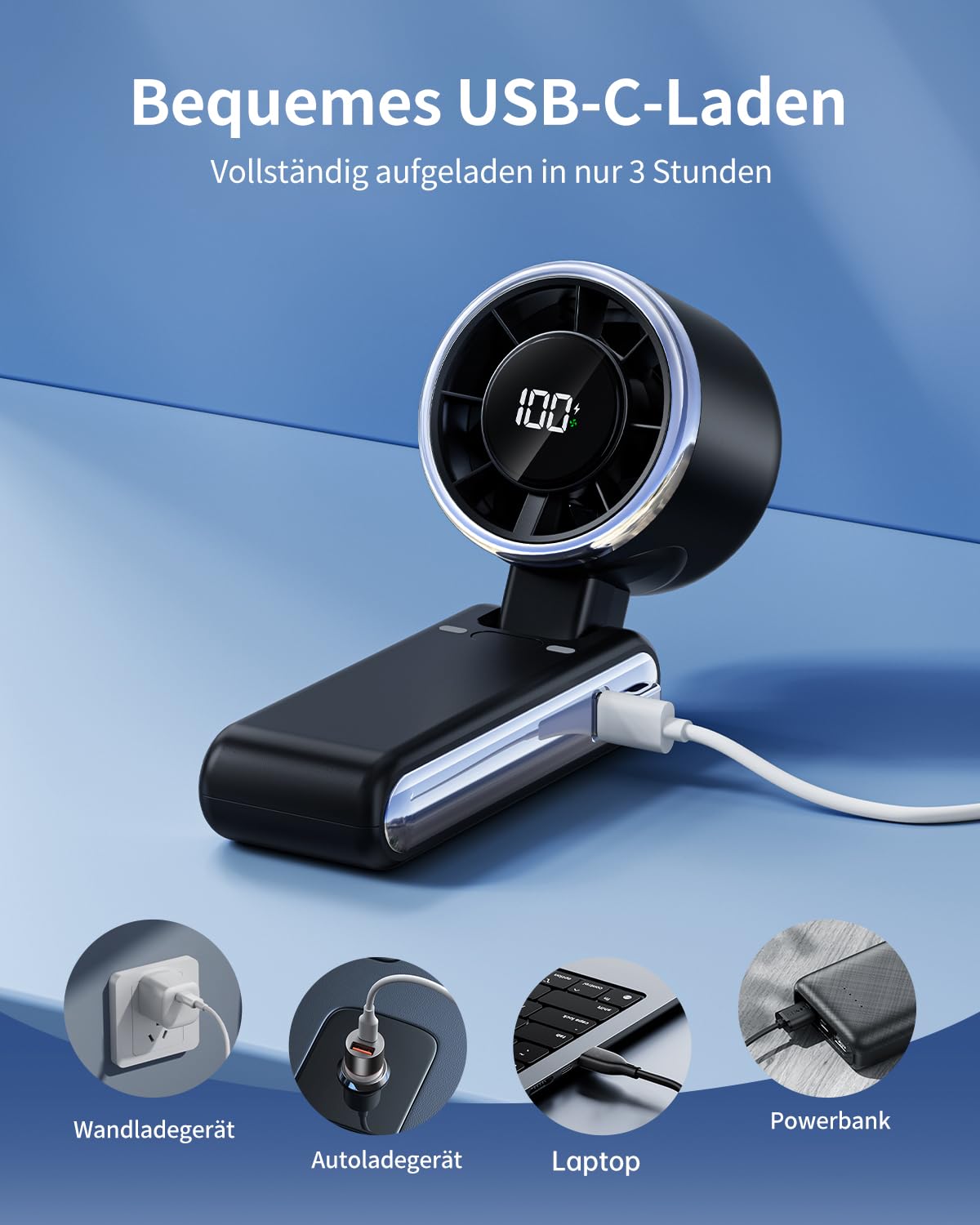 SWEETFULL Tragbarer Mini Handventilator Akku Aufladbar, 9m/s Hohe Geschwindigkeit,Mit 5 Geschwindigkeitsstufen, 3 in 1 Hand Hals und Tischventilator, bis zu 12 Stunden, für Reisen,Büro (Schwarz)