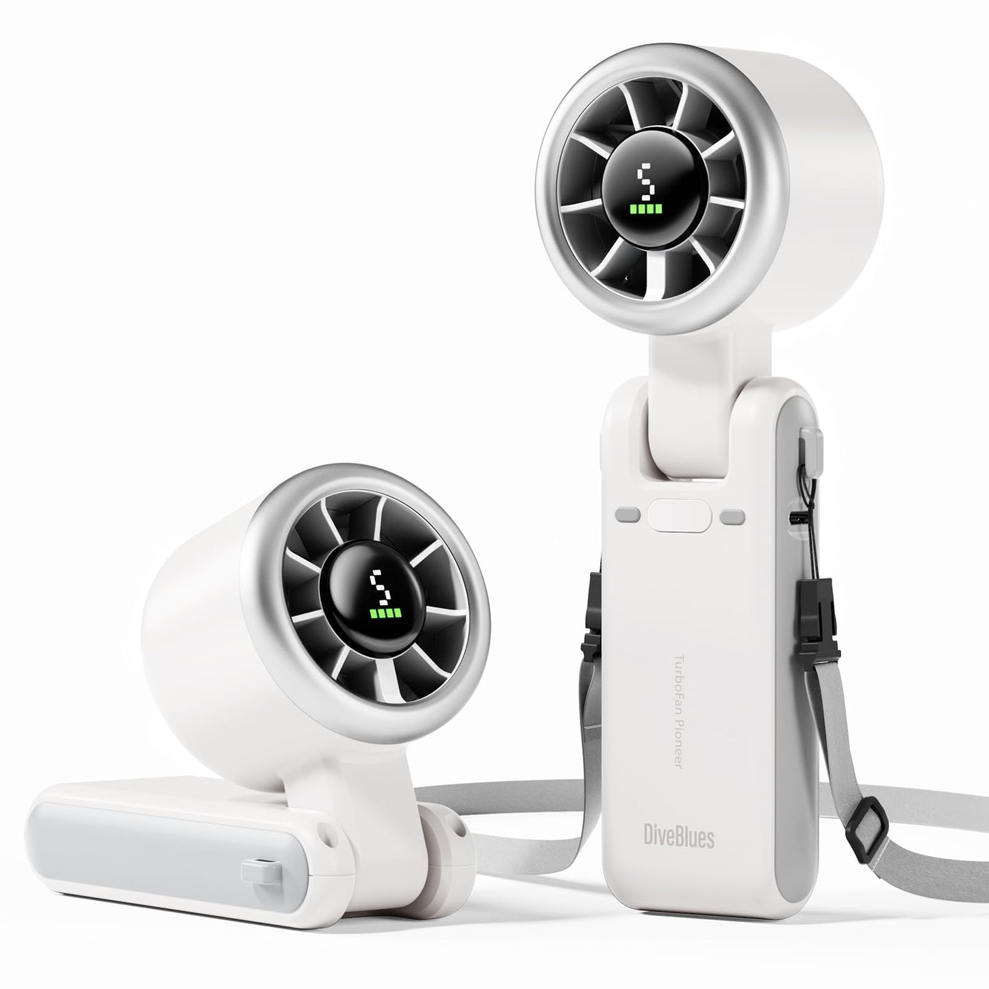 Diveblues Portable Handheld Turbo Fan, 5 Gear Wind, Battery Operated, Up to 12 Working Hours, 3 IN 1 Hand Fan with Air Turbo Tech Cooling Fan for Outdoor Activities, Travel, Working, Silvery white